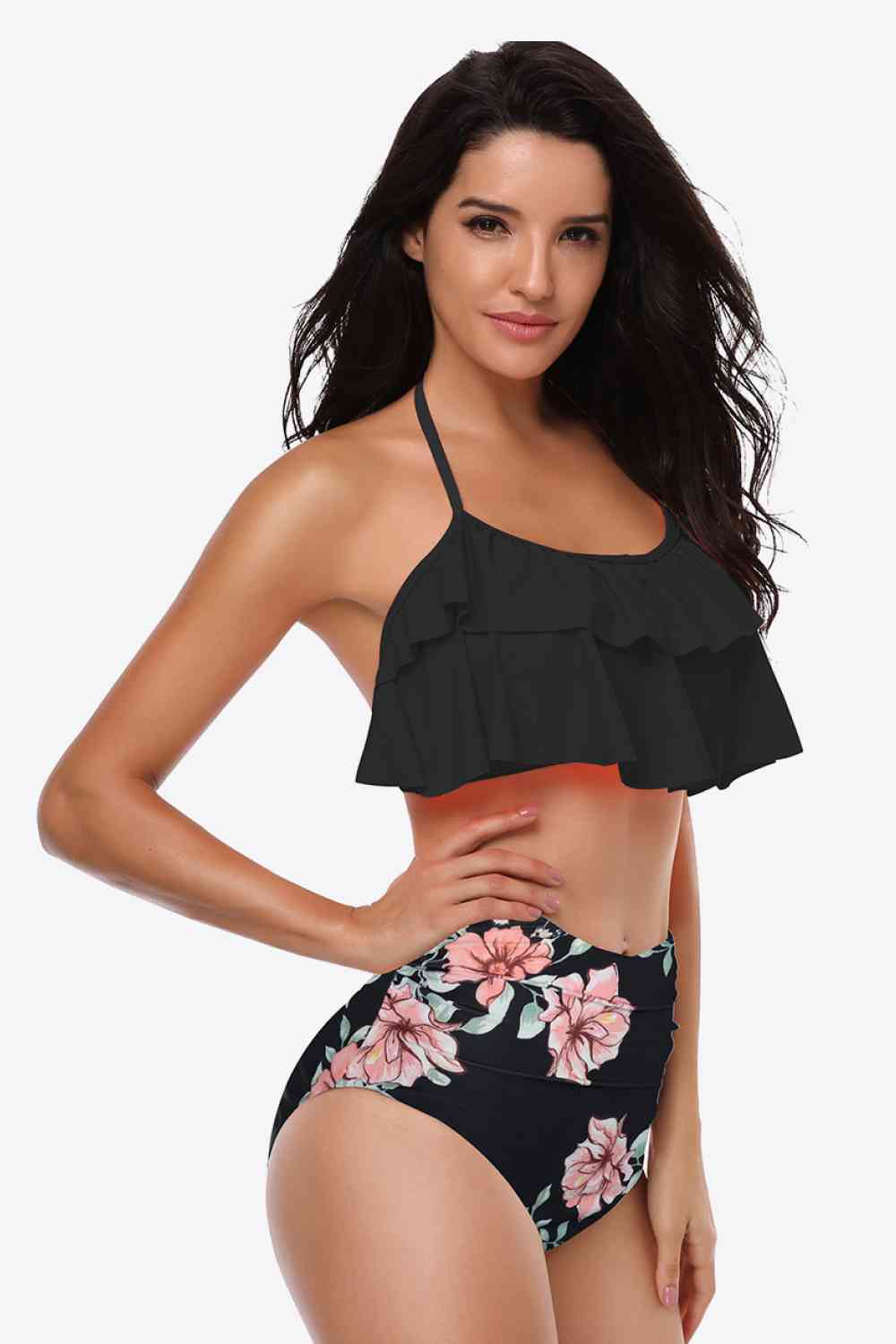 Two-Tone Ruffled Halter Neck Two-Piece Swimsuit (12 Variants)