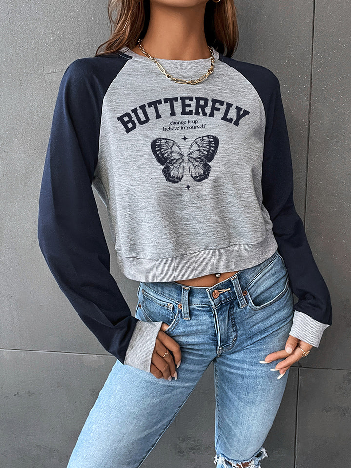 Round Neck Raglan Sleeve Butterfly Graphic Sweatshirt