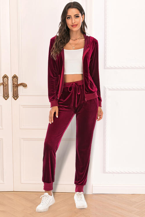 Velour Styled Zip-Up Hoodie and Pants Set