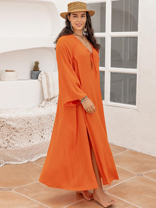 Plus Size Tie Neck Long Sleeve Slit Dress (2 Variants)