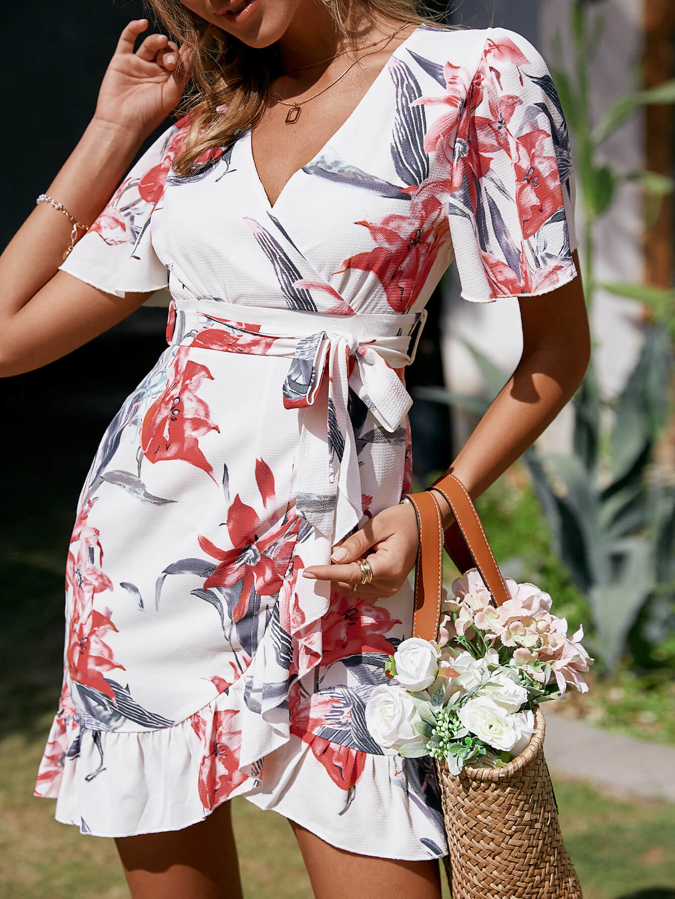 Floral Belted Ruffle Hem Surplice Wrap Dress