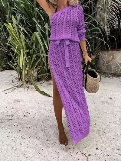 Slit Openwork Single Shoulder Knit Swim Dress (7 Variants)