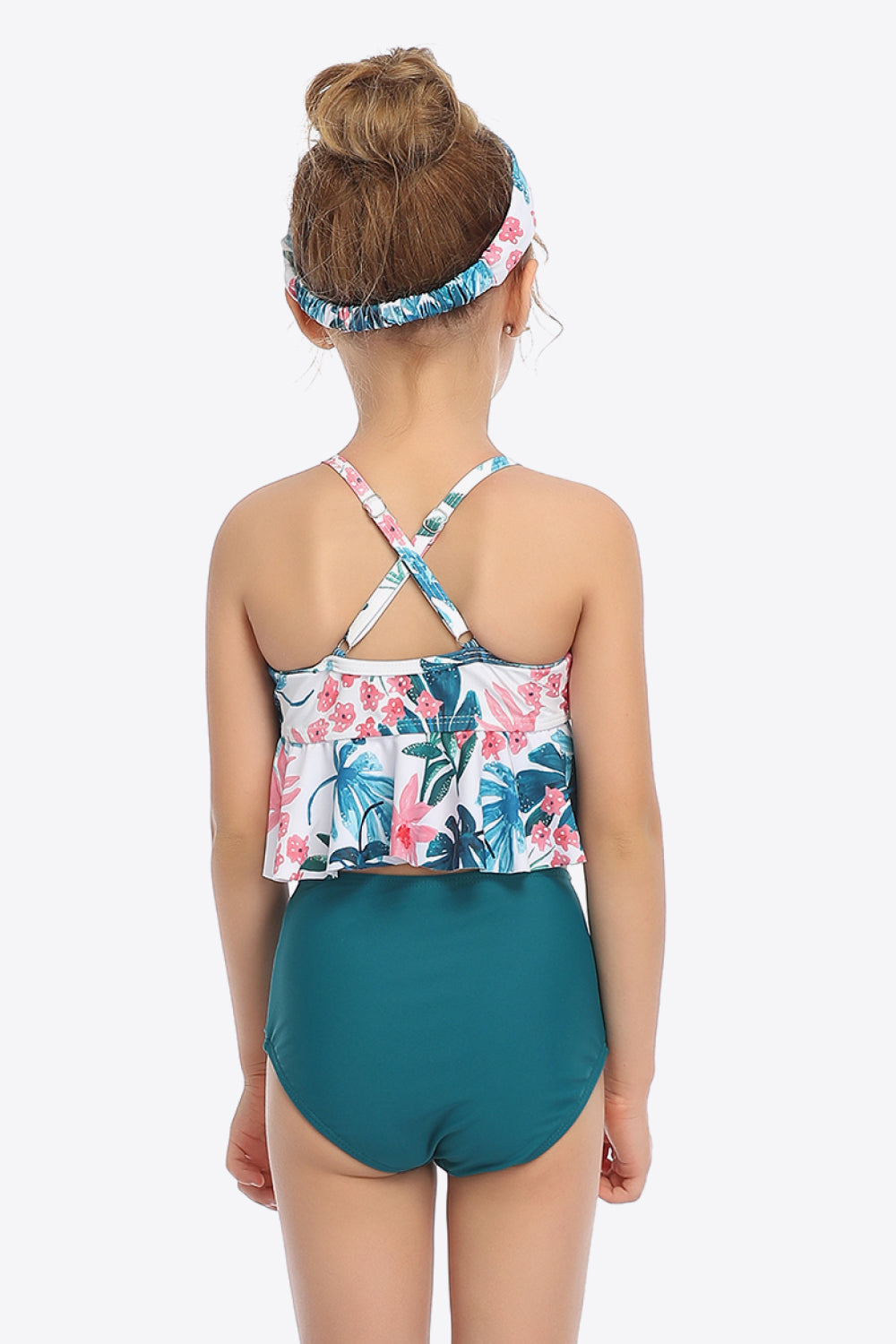 Girls Botanical Print Crisscross Ruffled Two-Piece Swim Set