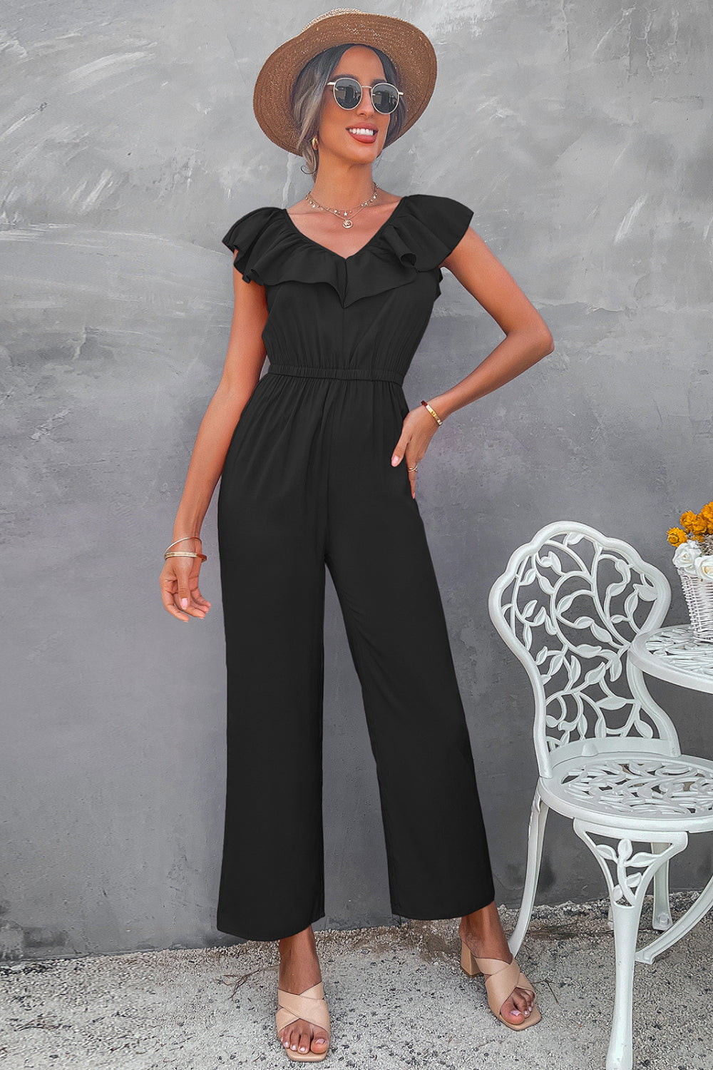 Ruffle Trim Tie-Back Wide Leg Jumpsuit