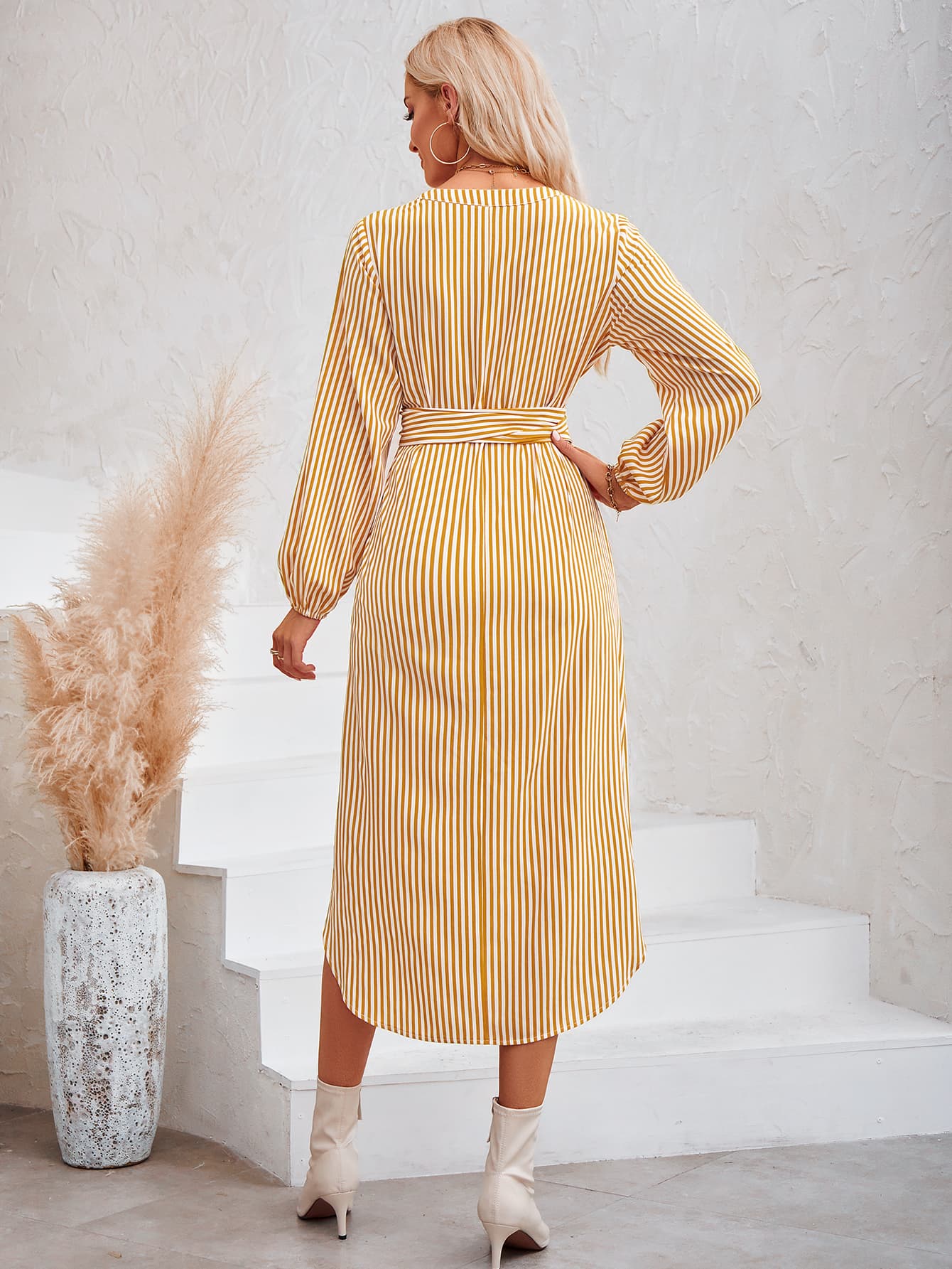 Striped Notched Neck Curved Hem Long Sleeve Dress (3 Variants)