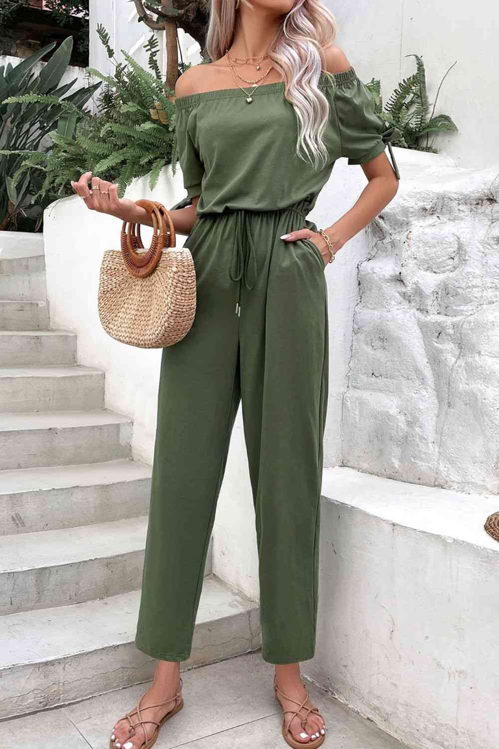 Off-Shoulder Tie Cuff Jumpsuit with Pockets (3 Variants)