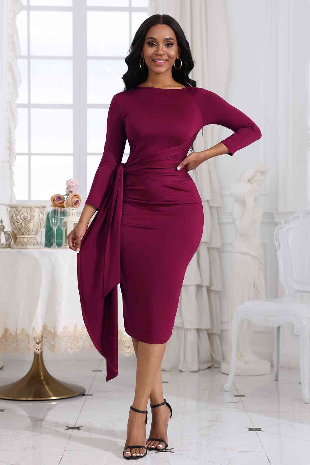 Tie Detail Round Neck Midi Dress (3 Variants)