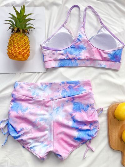 Tie-Dye Spaghetti Strap Top & Drawstring Shorts Swim Set (2 Variants)